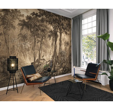 Salon avec papier peint à motifs, fauteuils, tapis et lampadaire