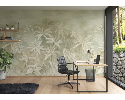 Bureau avec papier peint photo jungle, bureau et chaise de bureau