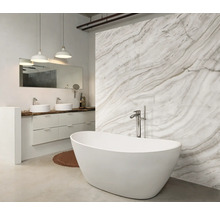 Salle de bain avec baignoire îlot, meuble-lavabo avec deux vasques et miroir
