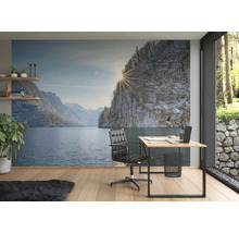 Papier peint photo avec motif de lac de montagne dans un bureau moderne