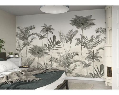 Chambre à coucher avec fresque murale avec motifs de plantes tropicales