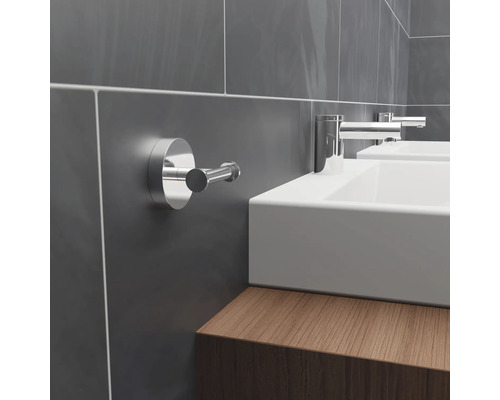 Salle de bain avec lavabos, robinets et porte-manteau
