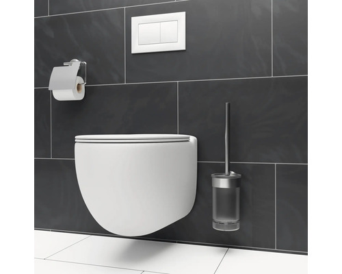WC suspendu avec porte-papier toilette, plaque de commande et brosse de toilette