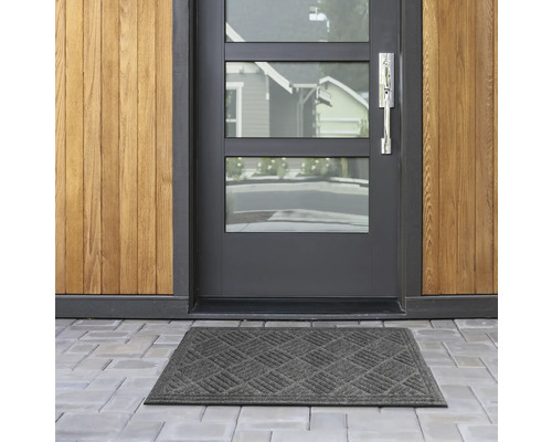 Paillasson devant une porte d''entrée avec fenêtres en verre et revêtement en bois