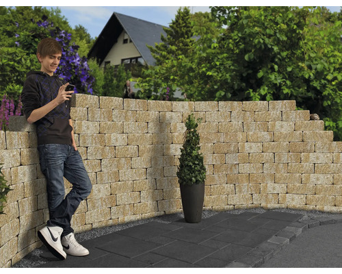 Idée d''aménagement pour un jardin avec des pierres de parement, des dalles de sol et une personne