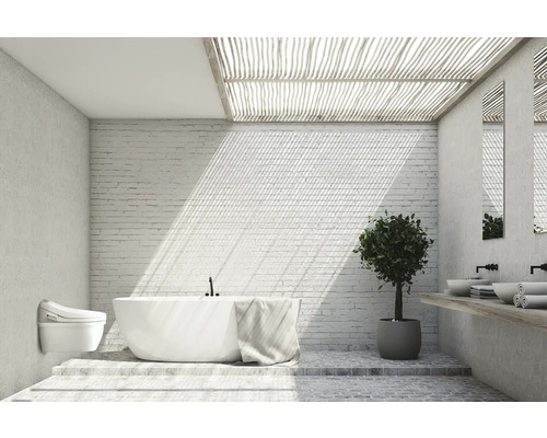 Salle de bain lumineuse avec baignoire, toilettes, lavabo et plante pour une ambiance moderne