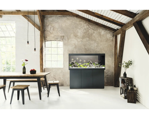 Wohnraum mit Aquarium, Esstisch und Dekoration in hellem Ambiente