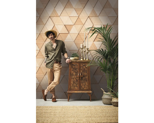 Espace de vie avec panneaux triangulaires en bois, commode, plantes d''intérieur et tapis