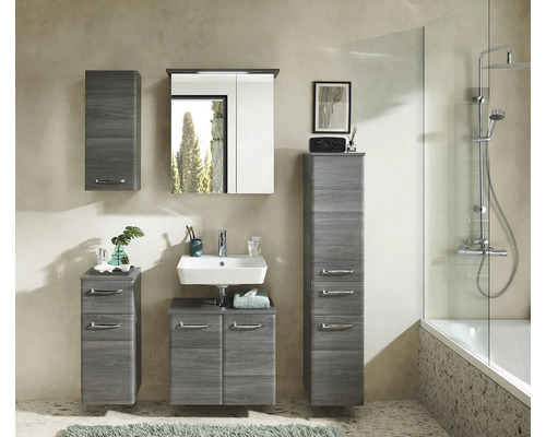 Salle de bains avec lavabo, armoire de toilette, armoire haute et meuble sous-vasque aspect bois