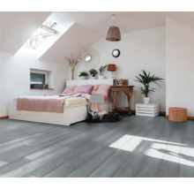Chambre avec fenêtre de toit, lit, parquet et éléments décoratifs.