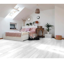 Helles Schlafzimmer mit Dachfenster, Bett, Holzboden und Pflanzen