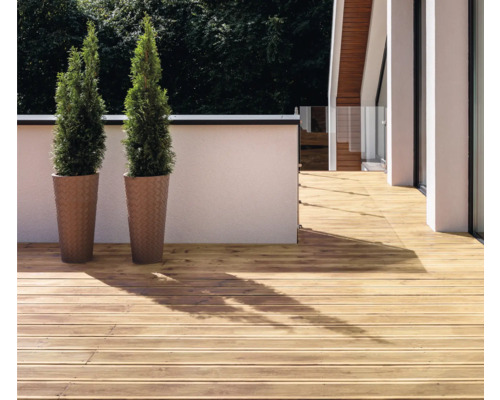 Terrasse mit Holzdielen und zwei Zypressen in Pflanzgefäßen