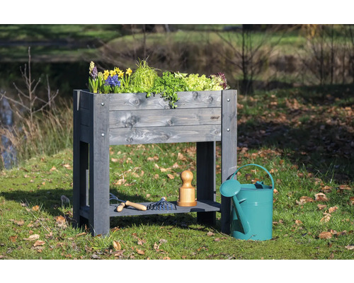 Jardinière sur pieds en bois avec plantes, outils de jardinage et un arrosoir dans le jardin.