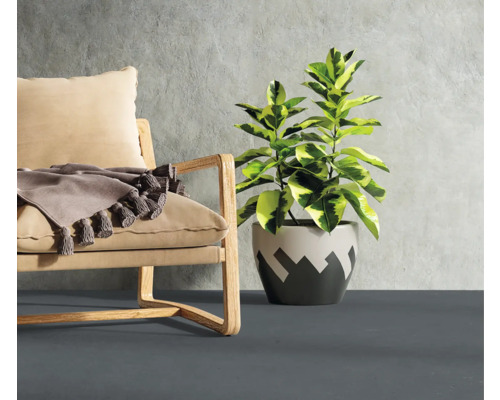 Scène avec fauteuil, plante en pot et couverture dans le salon.