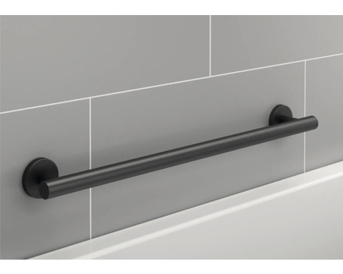 Barre d''appui noire pour montage mural de salle de bains sur mur gris