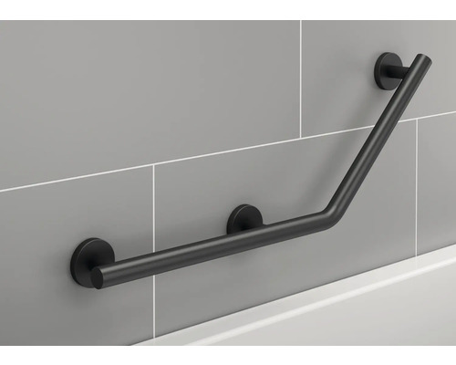 Barre d''appui coudée pour montage dans la salle de bain.