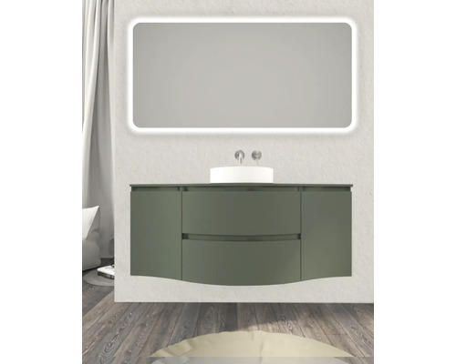 Badezimmer mit Waschbeckenunterschrank, Aufsatzwaschbecken und Spiegel mit Beleuchtung