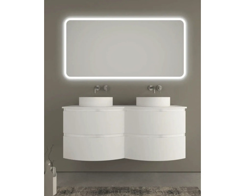 Modernes Badezimmer mit Doppelwaschtisch, runden Aufsatzwaschbecken und beleuchtetem Spiegel