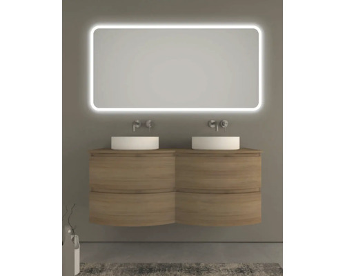 Salle de bains avec meuble-lavabo double, deux vasques à poser, miroir lumineux et meuble bas en bois