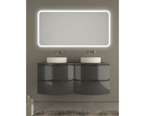 Salle de bains moderne avec meuble-lavabo double, vasques à poser et miroir lumineux