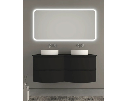 Salle de bains avec meuble sous-vasque noir, deux vasques à poser et miroir lumineux