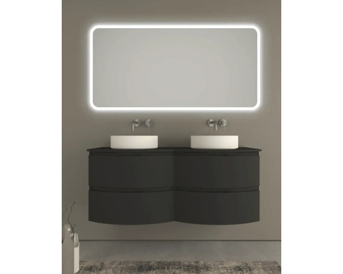 Salle de bains avec meuble sous-lavabo, deux vasques à poser et miroir avec éclairage