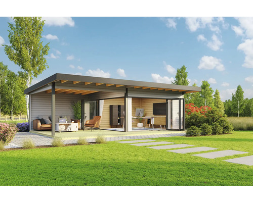 Abri de jardin Outdoor Life Domeo 10 avec plancher, terrasse 890 x 590 cm gris clair Maison de jardin moderne avec bureau et espace de vie sur une pelouse bien entretenue