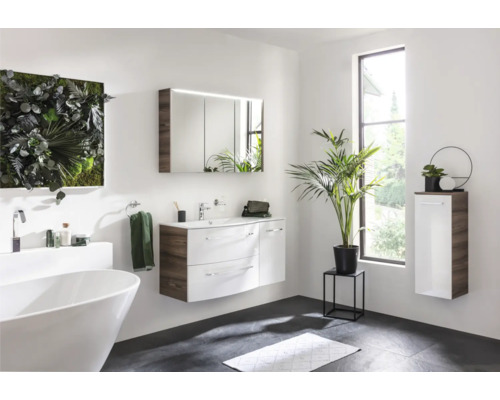 Modernes Badezimmer mit Badewanne, Waschtisch, Spiegelschrank und Pflanzenwand für ein natürliches Ambiente