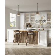 Cuisine moderne avec îlot, tabourets de bar et suspensions