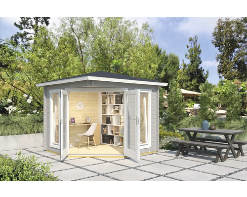 Abri de jardin Outdoor Life Oban 40 avec plancher 282,3 x 282,3 cm gris clair Jardin avec maison de jardin en bois et coin salon