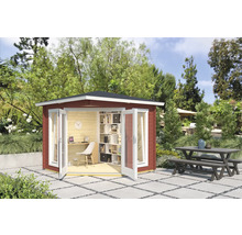 Abri de jardin avec portes doubles ouvertes, bureau et étagère à l''intérieur, table de pique-nique à l''extérieur