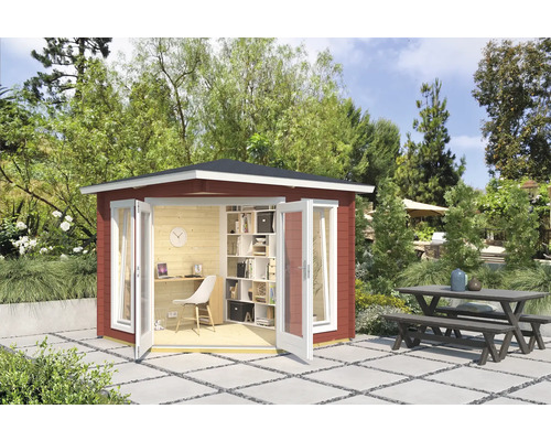 Gartenhaus Outdoor Life Oban 40 inkl. Fußboden 282,3 x 282,3 cm schwedenrot Gartenhaus mit geöffneten Doppeltüren, Schreibtisch und Regal im Inneren, Tischgruppe im Freien