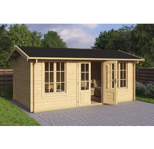 Gartenhaus aus Holz mit Fenstern und offener Doppeltür