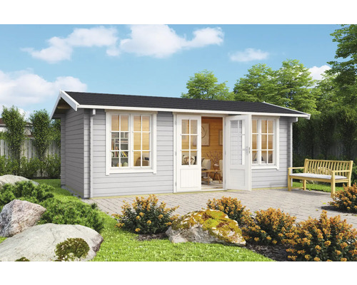 Gartenhaus Outdoor Life Pembrokeshire 53 inkl. Fußboden 540 x 345,8 cm lichtgrau Gartenhaus aus Holz mit Fenstern und Doppeltür