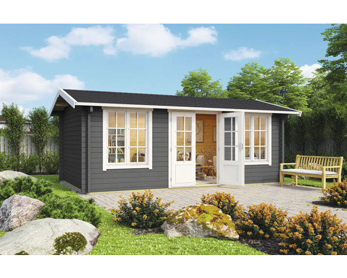 Abri de jardin Outdoor Life Pembrokeshire 53 avec plancher 540 x 345,8 cm gris carbone Abri de jardin en bois avec fenêtres et double porte dans le jardin