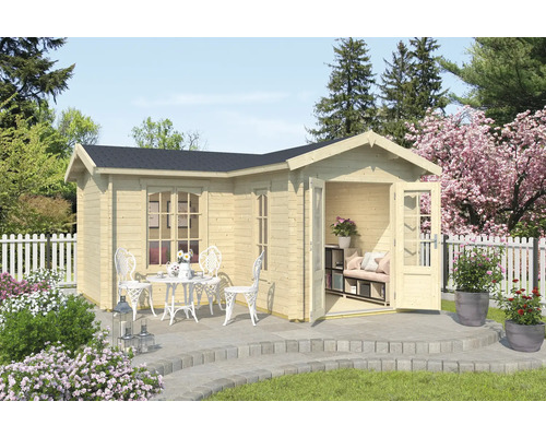 Abri de jardin Outdoor Life Portsmouth 44 avec plancher 450 x 447,6 cm naturel Abri de jardin en bois avec terrasse et mobilier de jardin
