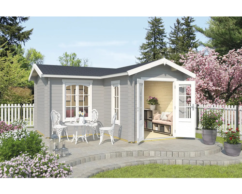 Gartenhaus Outdoor Life Portsmouth 44 inkl. Fußboden 450 x 447,6 cm lichtgrau Gartenhaus mit Terrasse, Gartenmöbeln und Bepflanzung