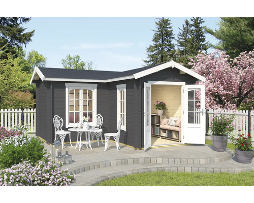 Gartenhaus Outdoor Life Portsmouth 44 inkl. Fußboden 450 x 447,6 cm carbongrau Gartenhaus mit Terrasse, Tisch und Stühlen im Garten