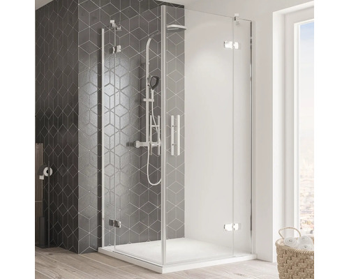 Douche accès d'angle avec porte pivotante en 4 éléments Breuer Avanta 90x100 cm décor Intima profilé couleur chrome