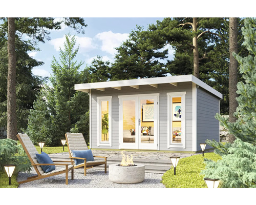 Abri de jardin Outdoor Life Sicily 1 avec plancher 430 x 440 cm gris clair Abri de jardin avec mobilier de terrasse et foyer dans un environnement verdoyant