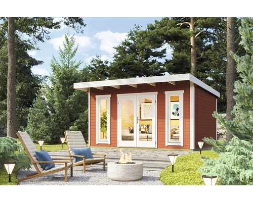 Abri de jardin Outdoor Life Sicily 1 avec plancher 430 x 440 cm rouge de Falun Maison de jardin avec terrasse, foyer, chaises de jardin et éclairage dans un jardin.
