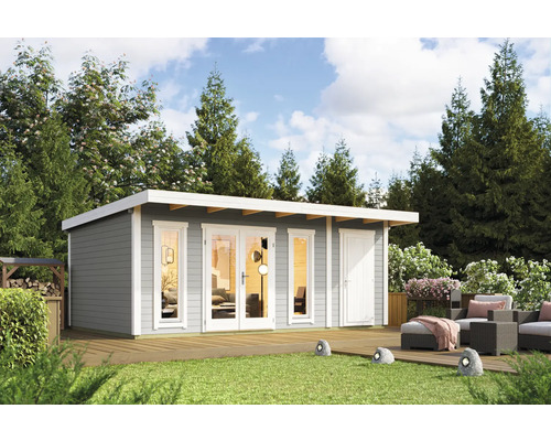 Abri de jardin Outdoor Life Sicily 2 avec plancher 595 x 440 cm gris clair Pavillon de jardin avec terrasse et mobilier de jardin dans un jardin verdoyant