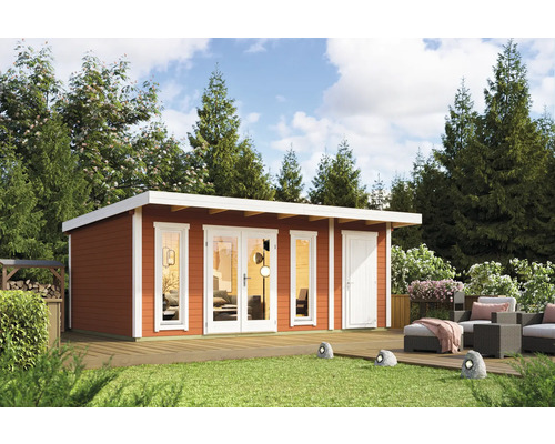 Abri de jardin Outdoor Life Sicily 2 avec plancher 595 x 440 cm rouge de Falun Abri de jardin avec terrasse et mobilier de jardin à l''extérieur