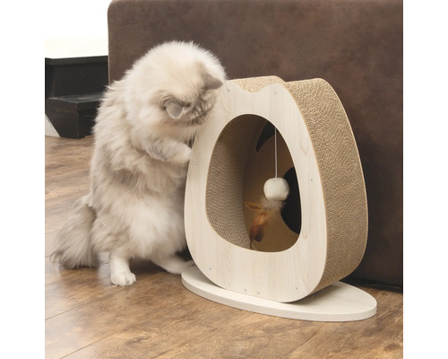 Chat jouant avec un arbre à chat avec jouet