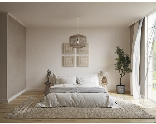 Chambre claire avec lit double, tapis et plante d''intérieur