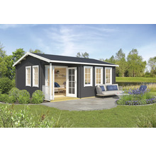 Gartenhaus aus Holz mit Terrasse und Gartenmöbeln im Aussenbereich