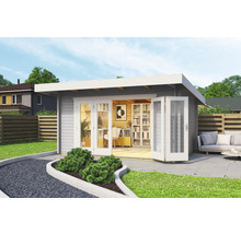 Abri de jardin moderne avec portes battantes et équipements de bureau à l''extérieur.