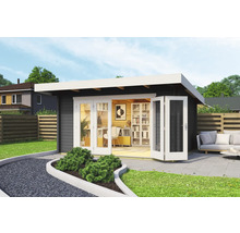 Abri de jardin moderne avec mobilier de bureau, terrasse et jardin paysager