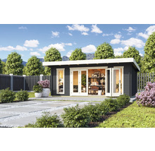 Abri de jardin moderne avec équipement de bureau, revêtement en bois et fenêtres pour la boutique en ligne Hornbach.