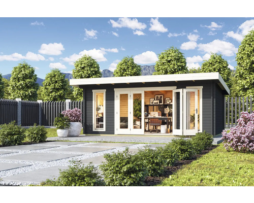 Abri de jardin moderne avec équipement de bureau, revêtement en bois et fenêtres pour la boutique en ligne Hornbach.
